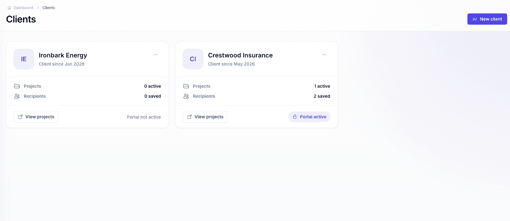 PlainReports clients page with client cards, project counts, recipients, and portal status