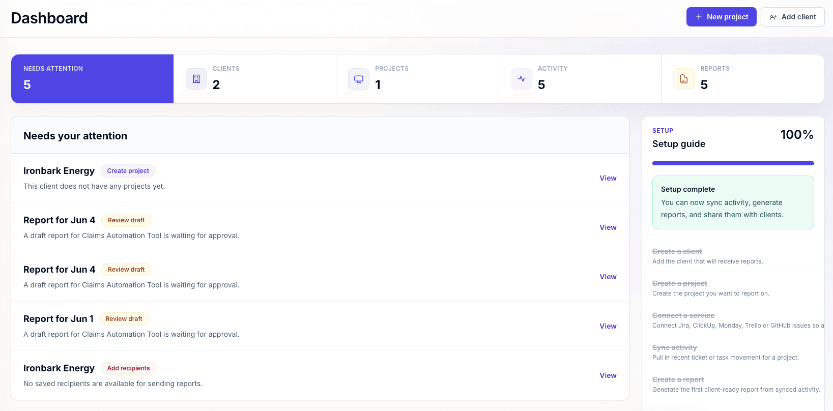 PlainReports dashboard showing setup progress, reports, client activity, and needs-attention items