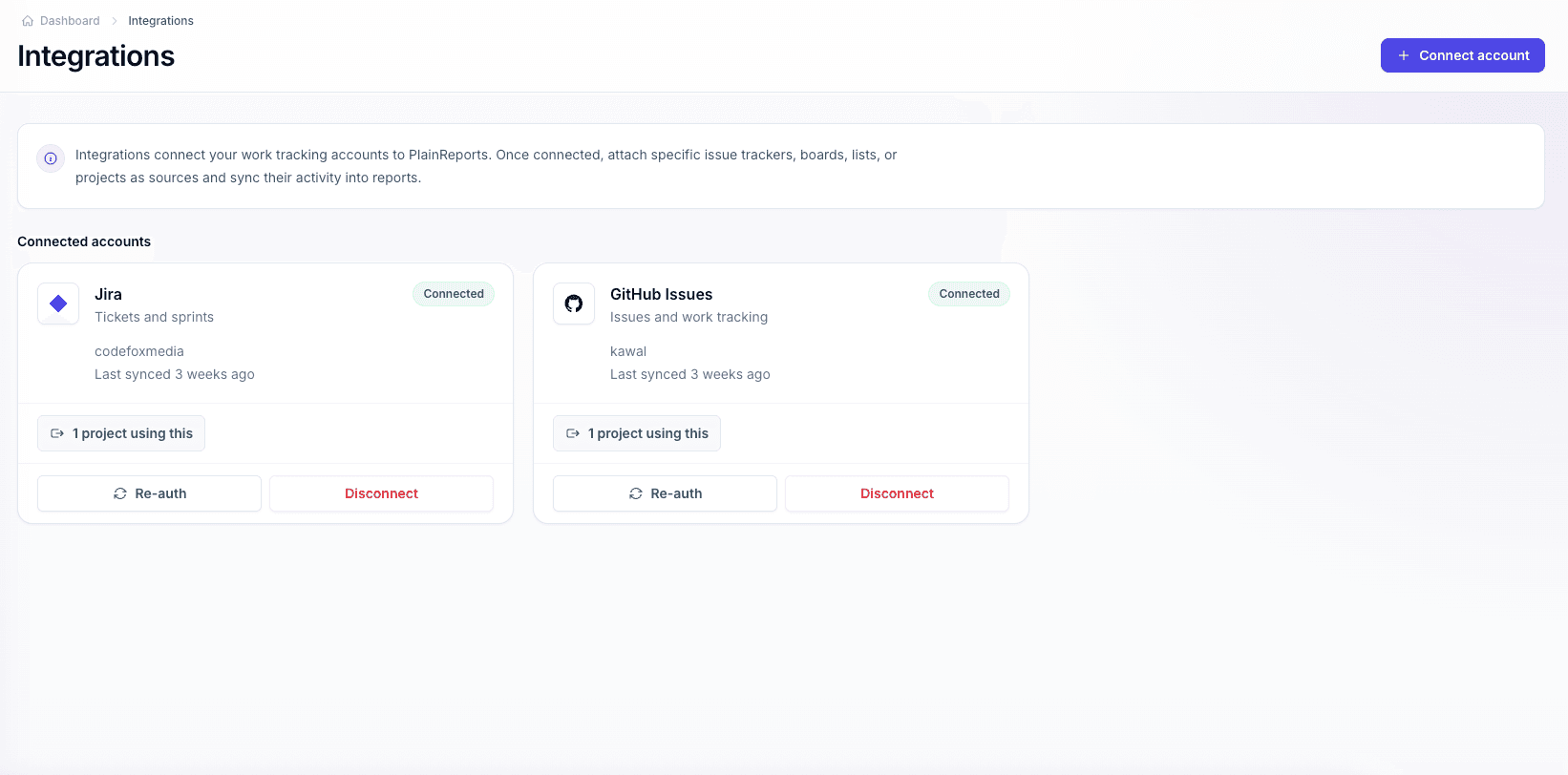 PlainReports integrations page showing connected Jira and GitHub Issues accounts