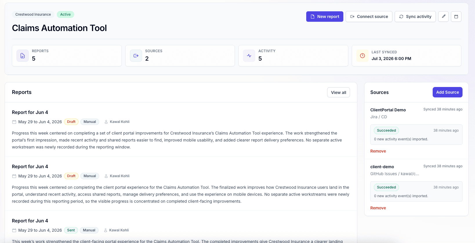 PlainReports project workspace showing reports, connected sources, sync activity, and report actions