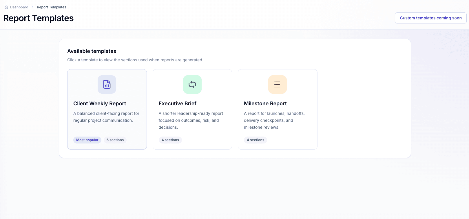 PlainReports report templates page with weekly, executive, and milestone report templates