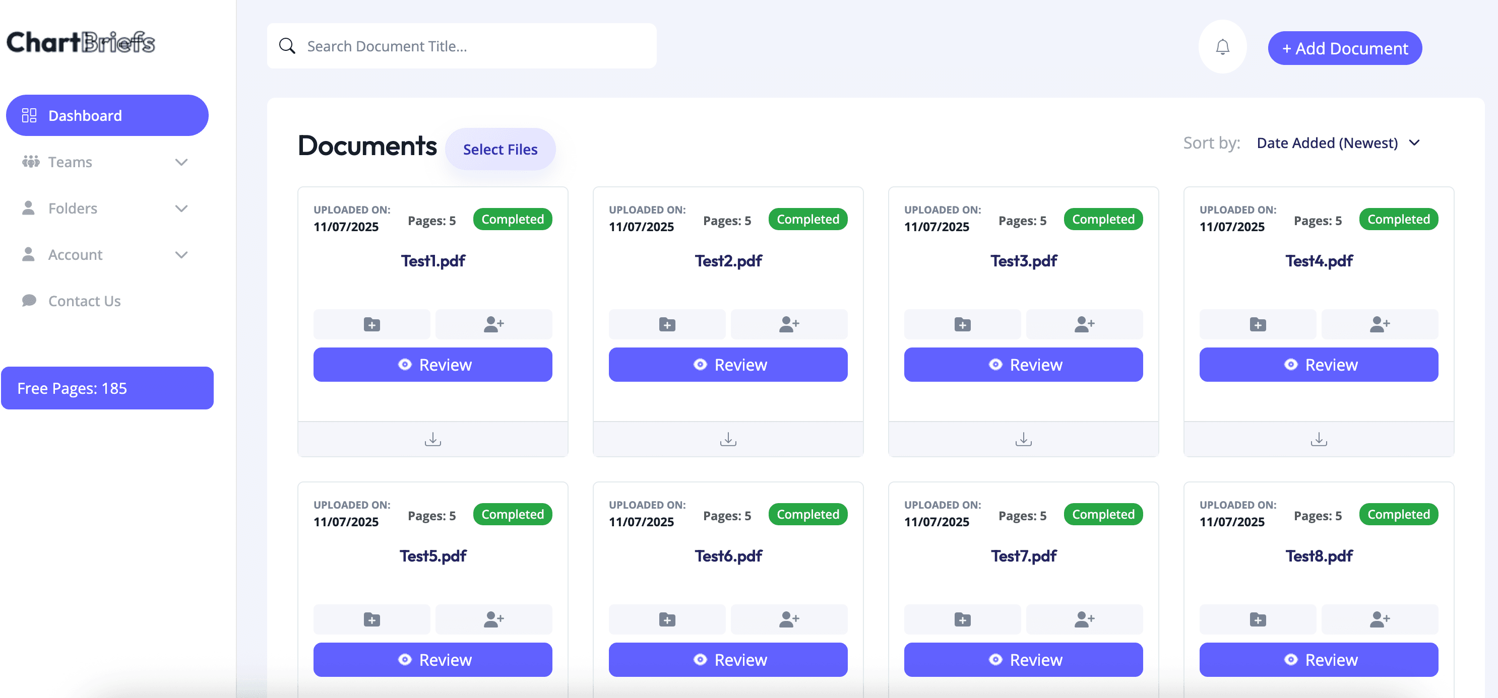 ChartBriefs document dashboard with searchable processed files