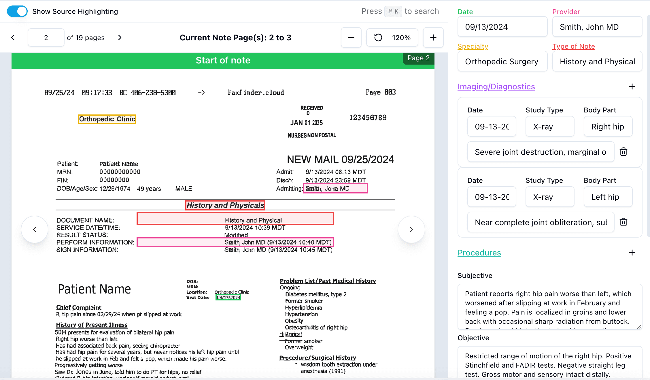 ChartBriefs medical record review screen with source highlighting